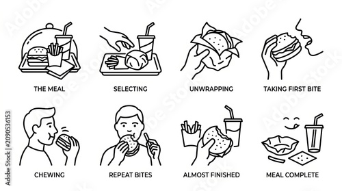 Illustrated stages of eating from hunger to meal completion in simple icons.