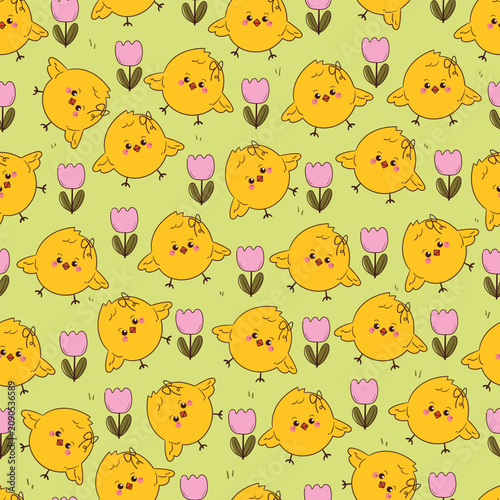 seamless pattern cute hand drawn cartoon chick and pink tulip flower