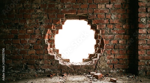 Broken brick wall with hole, daylight shining through