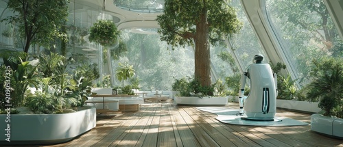 Futuristic Indoor Garden with Robotic Assistant and Lush Greenery.
