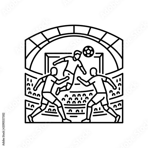 Stylized soccer stadium icon with players and ball.