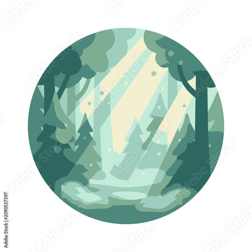Sunbeams shining through dense forest trees circular art.