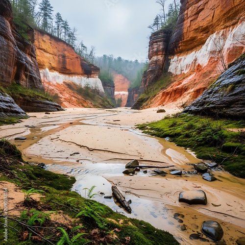 Colorful Sandstone Canyon with Shallow Stream and Mossy Banks in Misty Forest