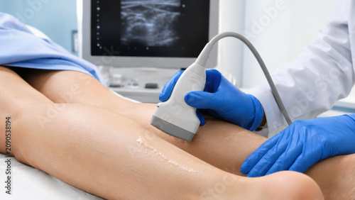 Ultrasound probe on patient calf skin with blue gloved hand performing vascular scan to check deep vein thrombosis with gel applied in clinical setting