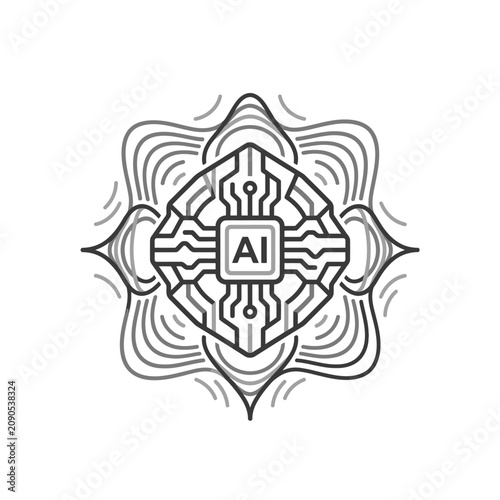 Symmetrical AI processor chip mandala icon.