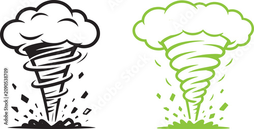 Foto Tornado and whirlwind vector icons in black and green line art style with storm