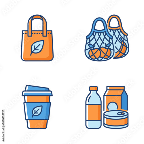 Sustainable shopping and eco-friendly packaging vector icons set.