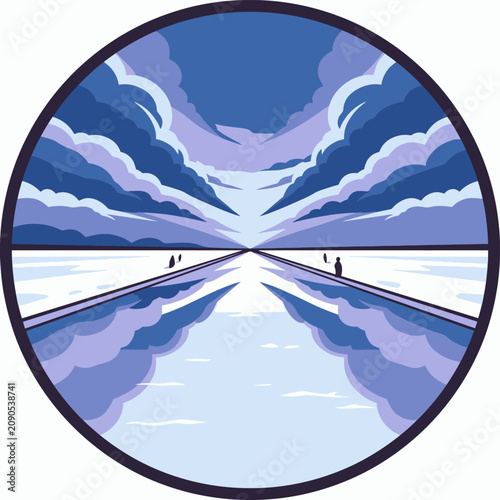 Symmetrical circular illustration of path through clouds.