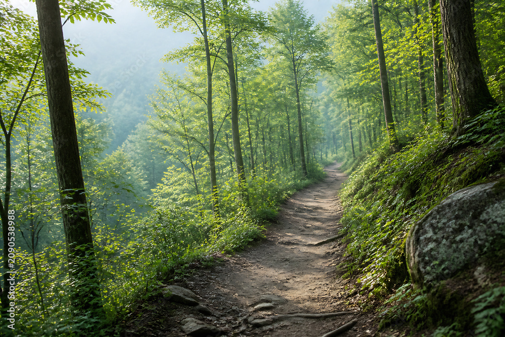 Naklejka premium A dirt path winds through a misty, lush green forest on an overcast day.