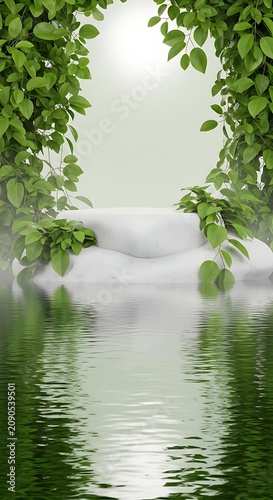 Lush Green Leaves Framing Misty Water and Smooth White Stone in Tranquil Nature Scene