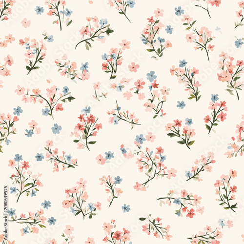 Tiny ditsy floral seamless pattern, scattered small blossoms, pastel palette