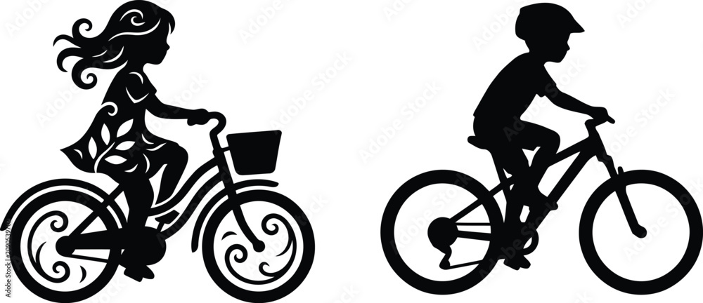 Obraz premium Children Riding Bicycles Silhouette Set with Boy and Girl CyclistsChildren Riding Bicycles Silhouette Set with Boy and Girl Cyclists