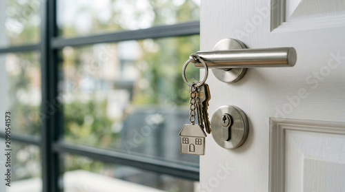 Door with keys in lock and handle, indoor entrance
