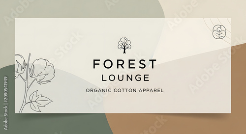 Minimalist forest lounge organic cotton apparel logo design with cotton plant and tree line art icons.