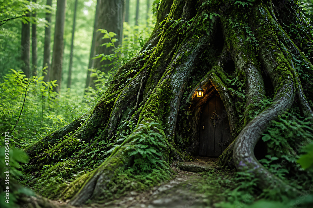 Obraz premium A moss-covered, ancient tree with a dark wooden doorway nestled in its roots within a dense, misty forest.