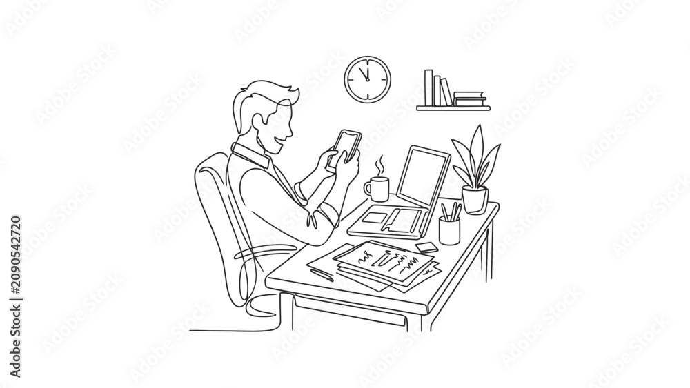 Obraz premium Continuous line drawing of a man sitting at a desk working on a laptop and checking his smartphone.