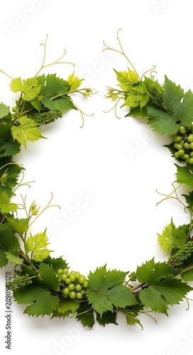 Fresh Green Grape Vine Leaves Arranged As Circular Frame on White Background