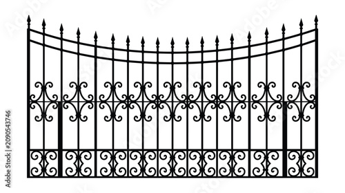 Wrought iron fence with spear tops and decorative scrollwork patterns vector illustration for luxury park garden security perimeter barrier.