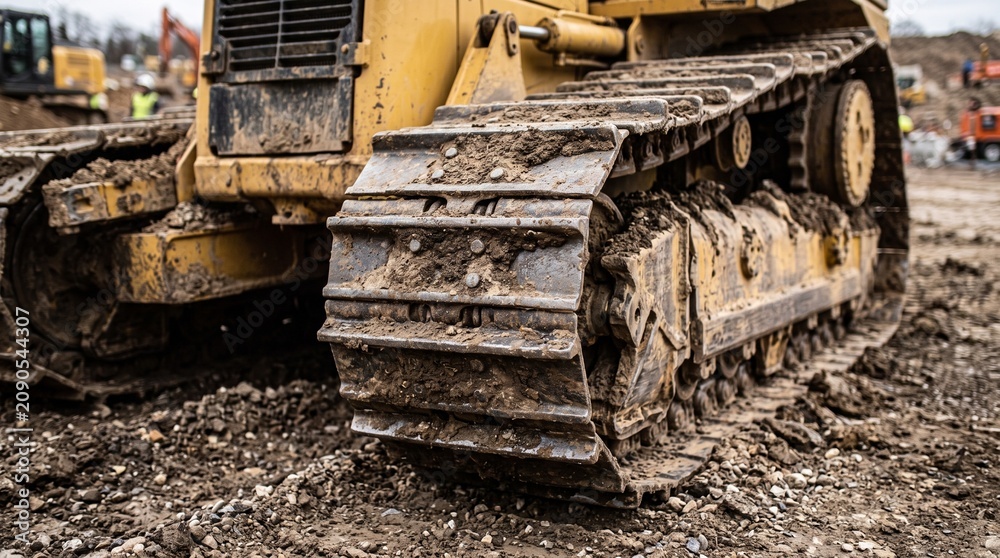 Fototapeta premium Close‑up bulldozer tracks, heavy metal links caked in mud, rugged industrial texture, active construction site backdrop, workers and equipment, raw power of earthmoving machinery.