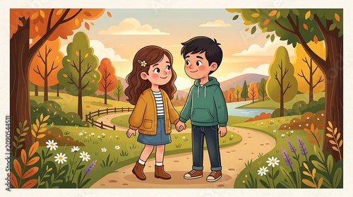 Cute Young Couple Holding Hands on Autumn Park Path