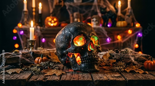 Glowing Halloween Skull Displayed on Rustic Wooden Table with Candles and Pumpkins
