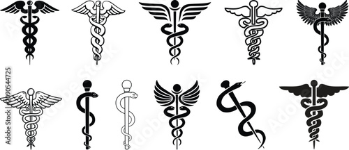 Quadro su tela Caduceus medical symbol collection in black and white vector, featuring winged s