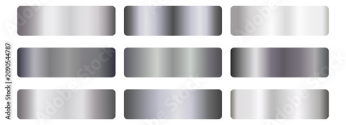 Silver and charcoal metal gradient swatch set.  Chrome, platinum, steel, dark grey, blue-grey foil shades. Glossy horizontal bands. For badge, label, ribbon, frame. Vector metallic texture palette.