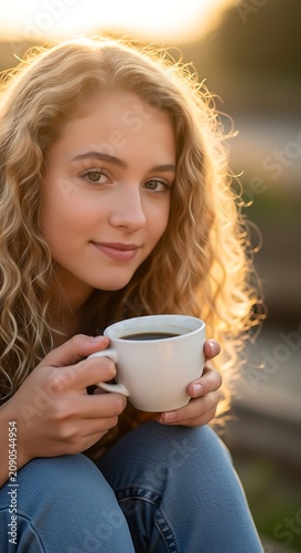 Young Curly Haired Woman Holding White Coffee Cup Outdoors in Warm Sunset Light