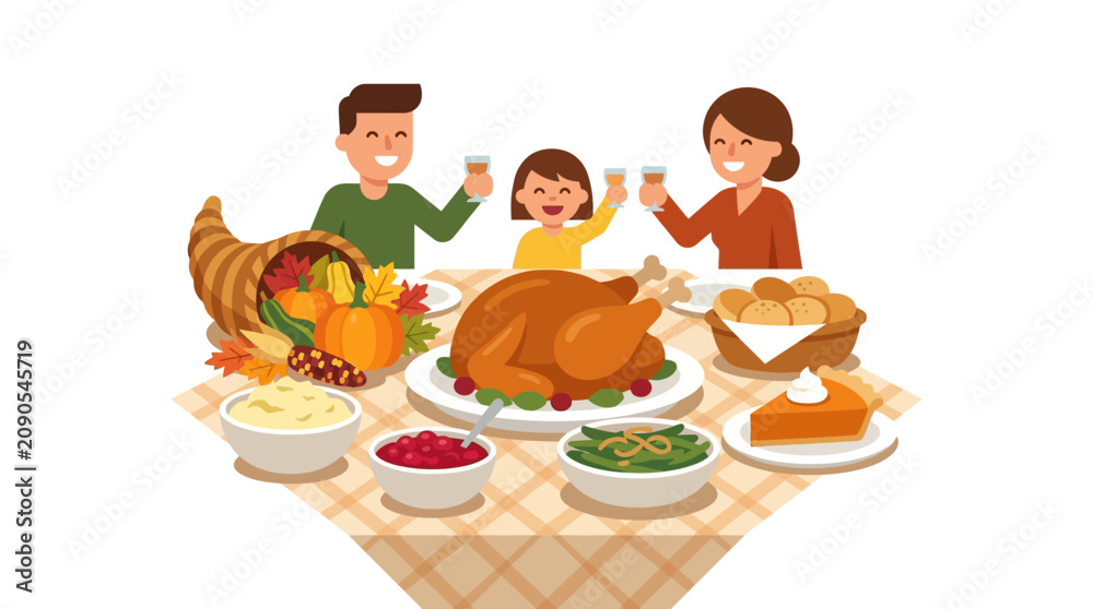 Fototapeta premium Joyful family celebrating thanksgiving with a delicious dinner of turkey, cornucopia, pumpkins, and more. Perfect for holidayrelated designs.