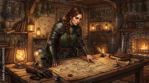 Beautiful digital painting of a female knight studying a tactical map inside a cozy wooden study filled with books, lanterns, and hanging herbs.