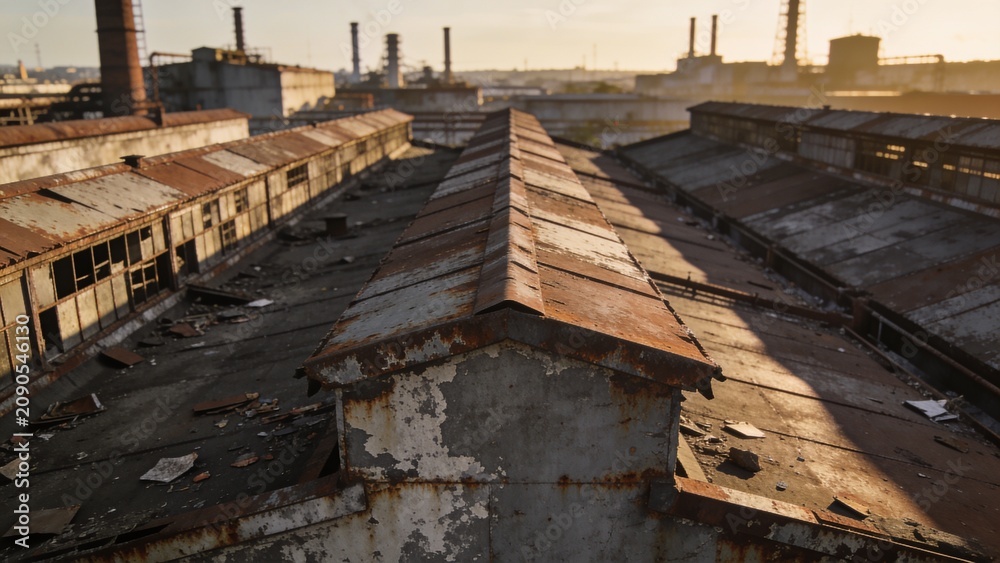 Fototapeta premium Weathered industrial rooftops with oxidized metal textures captured from above by professional drone photography.