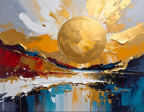 Vibrant Abstract Golden Sun Rising Over Colorful Textured Landscape