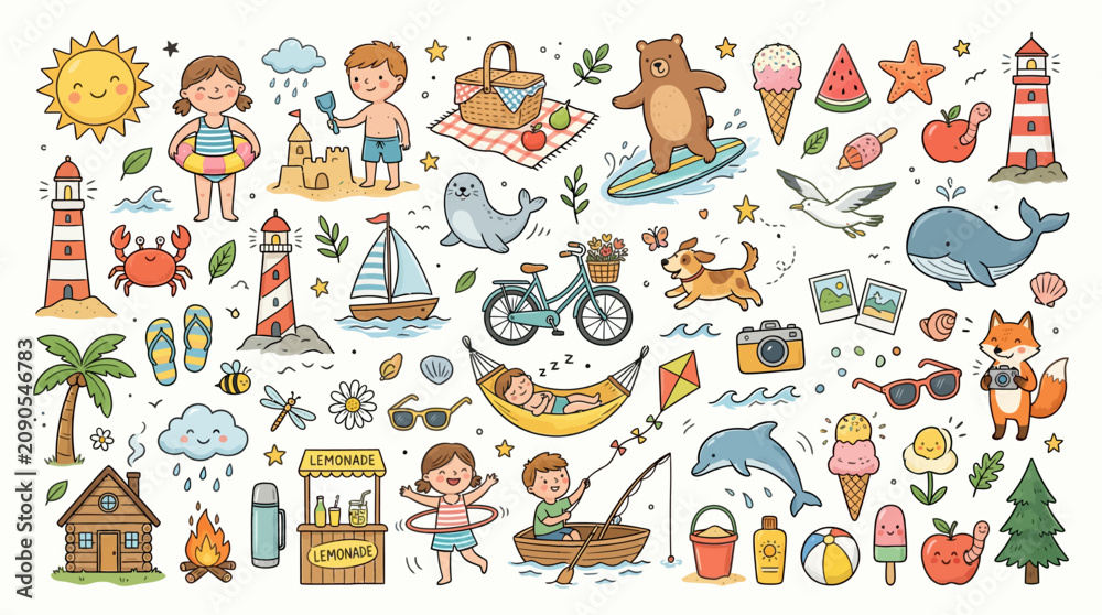 Obraz premium Summer vacation doodle collection with cute characters and travel icons.