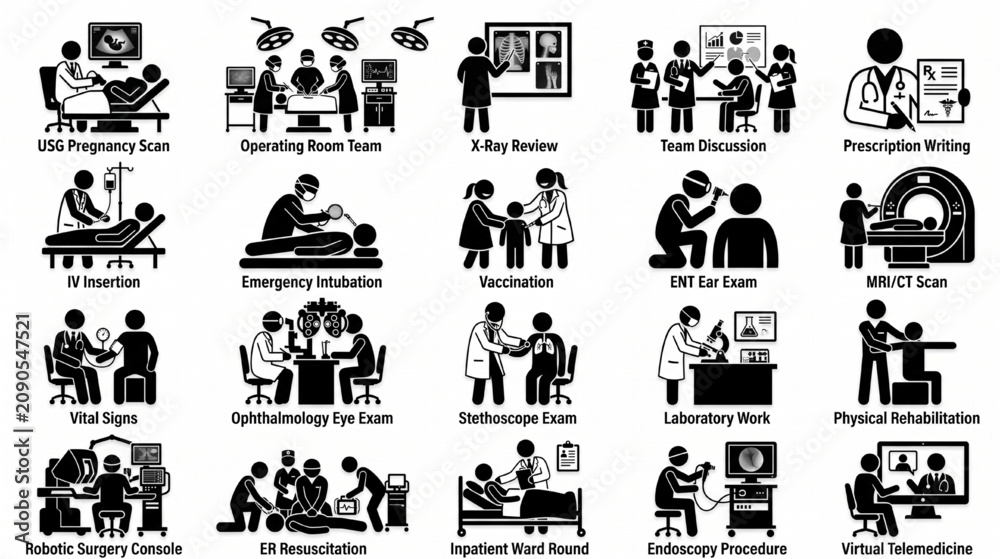 Fototapeta premium Medical Procedure Icons Collection Hospital Doctor Silhouette Vector Pack