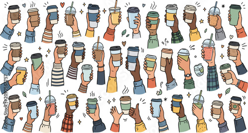 Foto Many hands holding coffee cups doodle style banner background, with hot drinks a