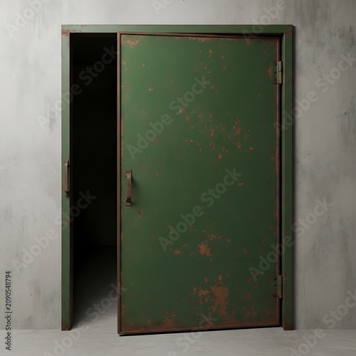 Weathered Green Metal Door Standing Partly Open in Concrete Interior