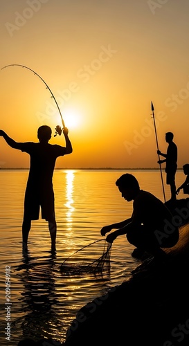 Silhouetted Fishermen Casting Nets and Rods in Calm Lake at Golden Sunset