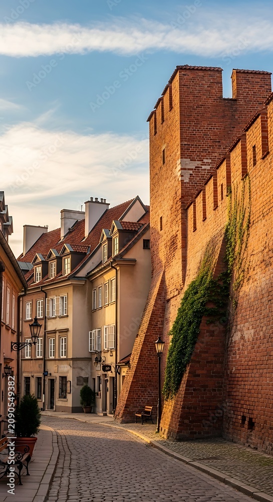 Fototapeta premium Historic Brick City Wall Overlooking Quiet Cobblestone Street in Old European Town