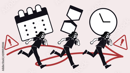 People Running for Deadline Concept Illustration, Vector Time Management Banner with Business Character and Calendar Background