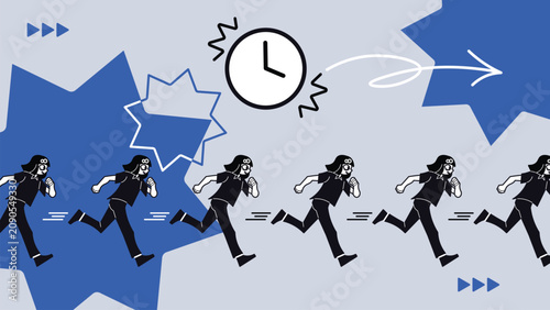 People Running for Deadline Concept Illustration, Vector Time Management Banner with Business Character and Calendar Background