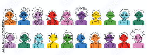 Modern Colorful User Portrait Icon Asset, Creative Outline Sketch Human Character Graphic Material Set for App UI