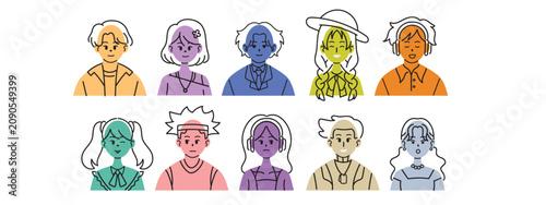 Modern Colorful User Portrait Icon Asset, Creative Outline Sketch Human Character Graphic Material Set for App UI