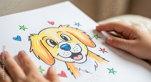 Colorful Cartoon Dog Drawing Held by Child Hands on White Paper