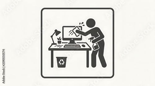Black Office Cleaning Symbol Showing Person Wiping Computer Monitor at Desk