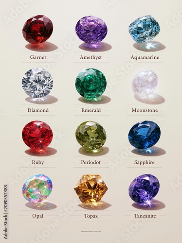 Complete 12 birthstones collection chart with names, all months precious gemstones
