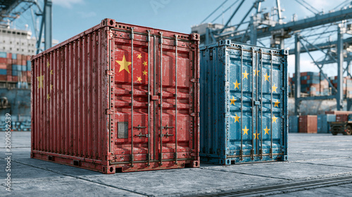 Global Trade Partnership: Two shipping containers, one adorned with the Chinese flag and the other with the European Union flag, stand side-by-side in a busy port.