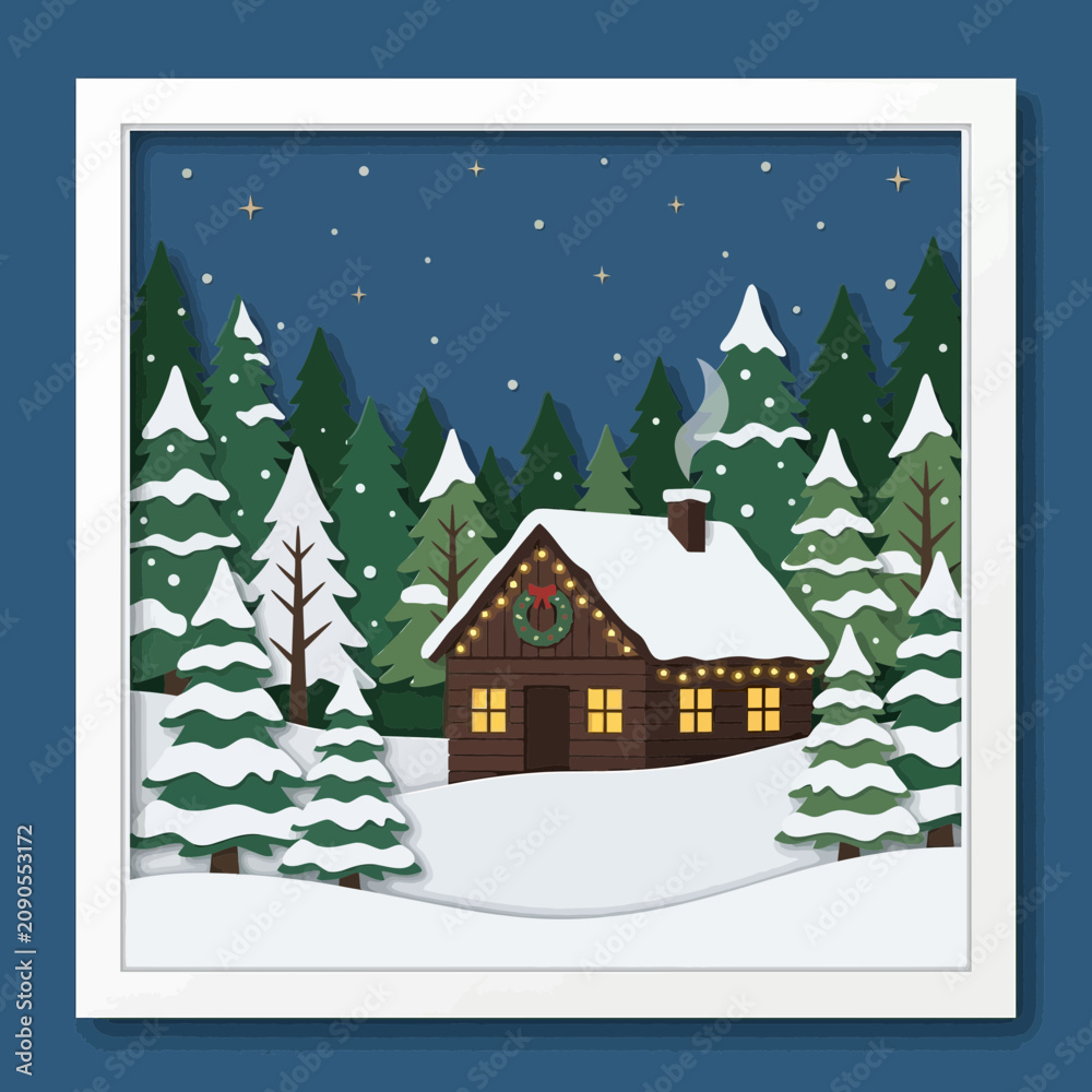 Obraz premium Cozy log cabin in snowy forest with Christmas lights and wreath, starry night
