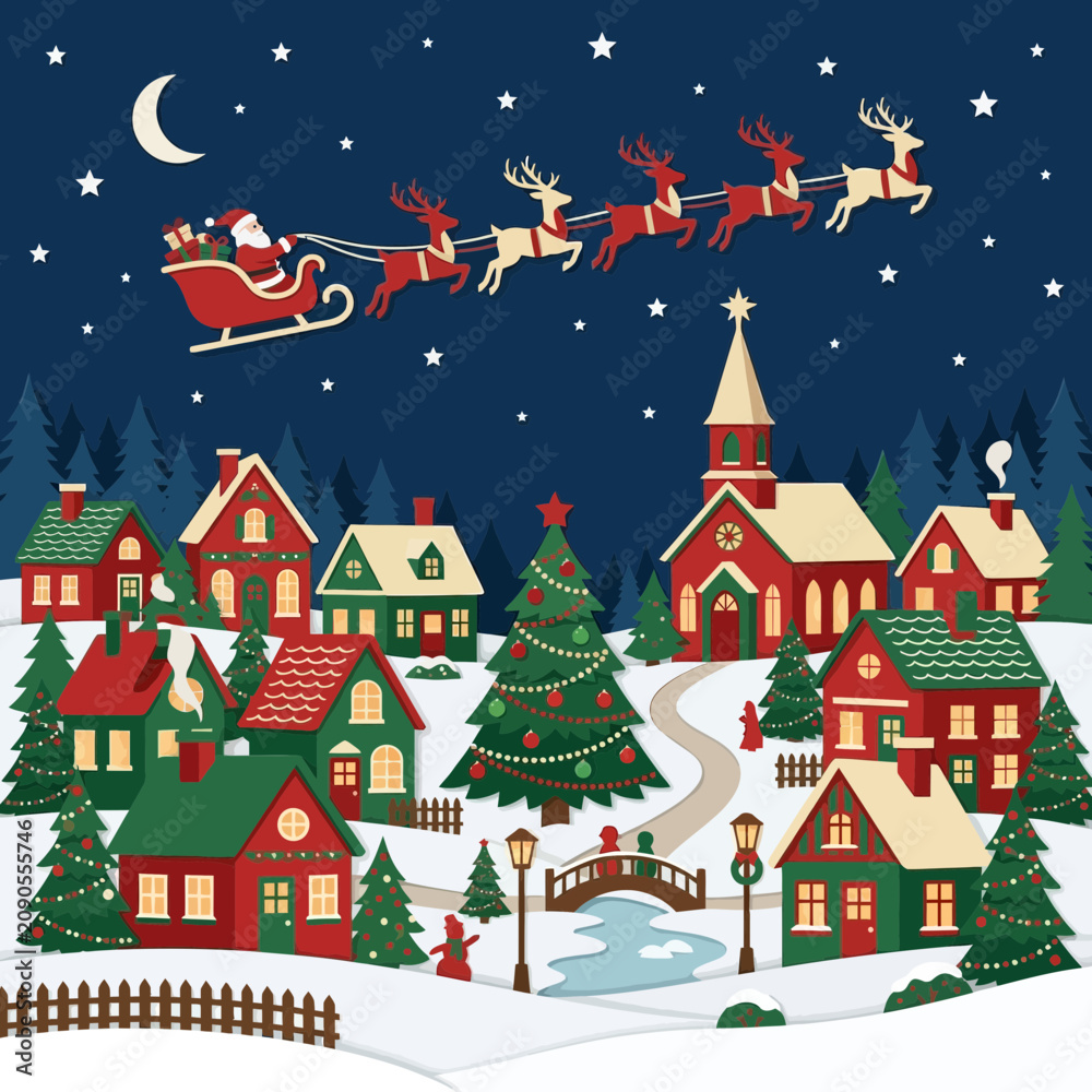 Obraz premium Santa Claus flying sleigh over snowy village, Christmas scene