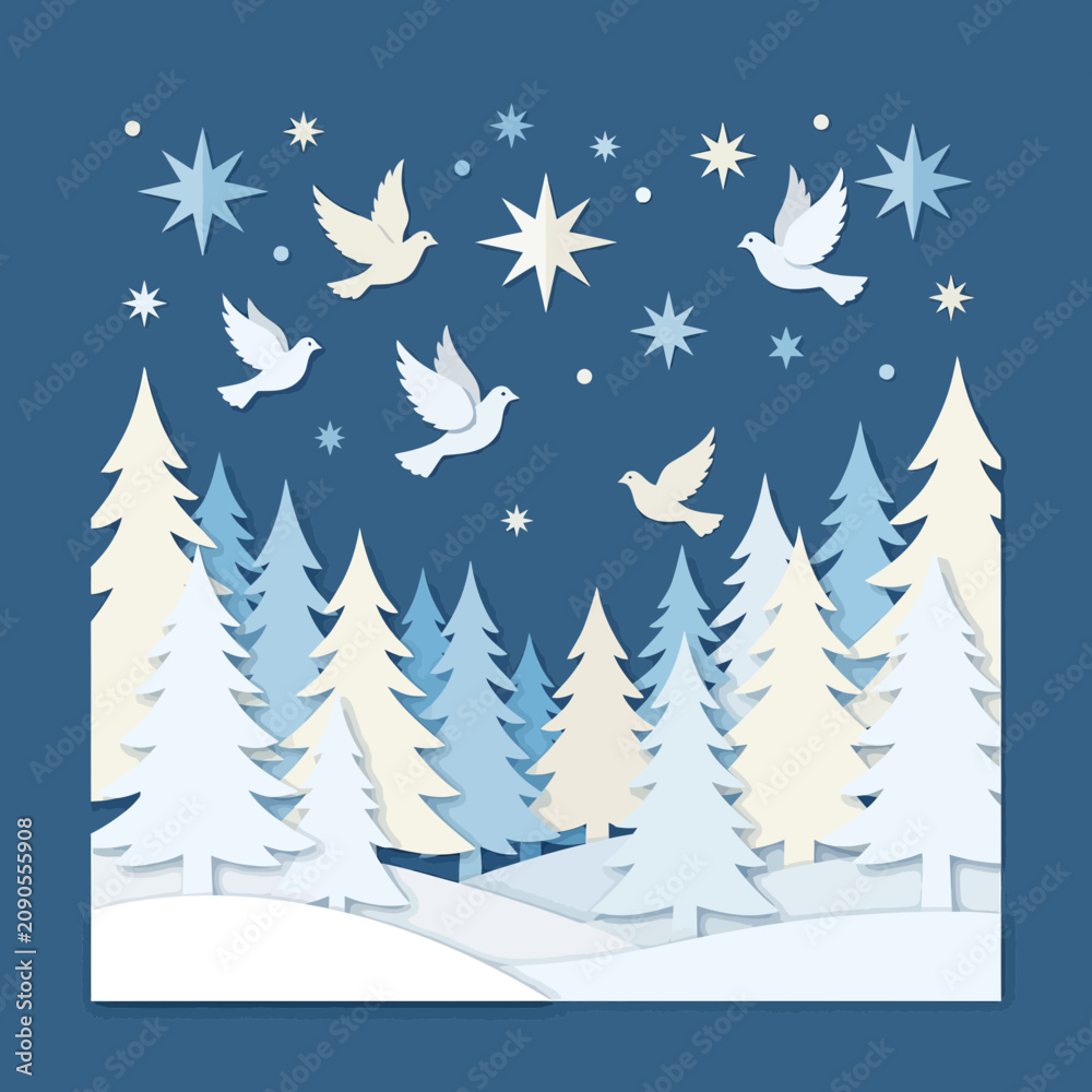 Obraz premium Winter landscape with doves and stars