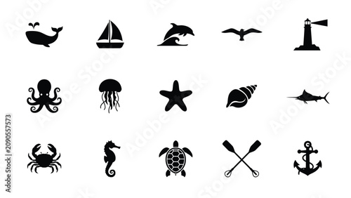 Fényképezés Vintage inspired marine life and coastal exploration icon collection with presen